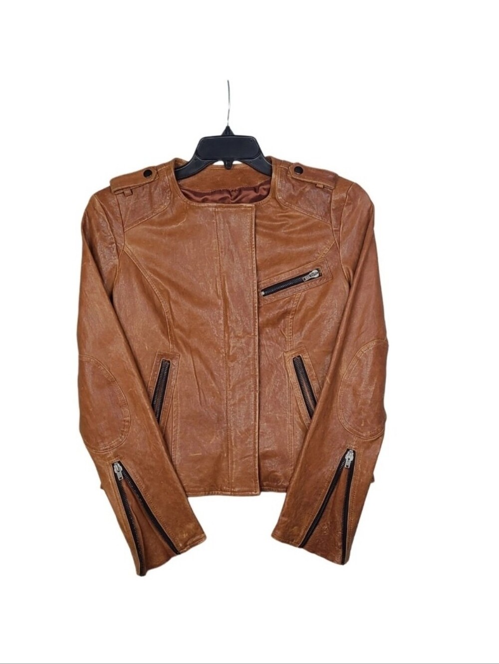 Kenna T Leather Jacket Womens M Brown Military Style Moto Cafe Jacket Silk Lined